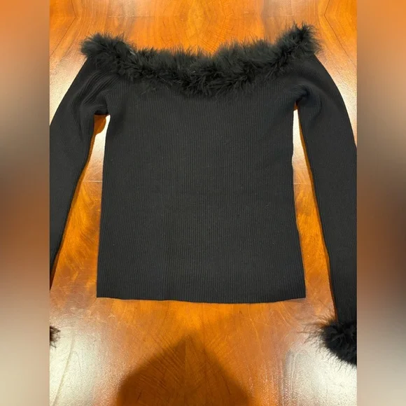 NWOT, Elegant Black Sweater with Feather Trim, slightly off shoulder, by Cato - Picture 3 of 9